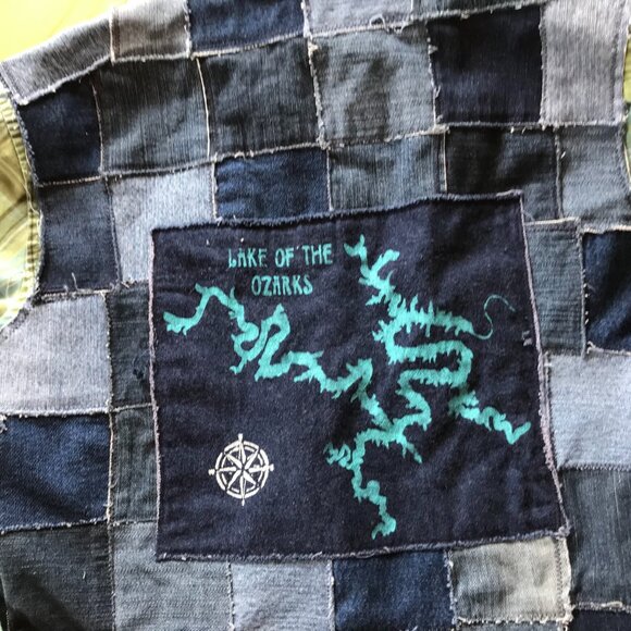Lake of Ozarks Patchwork Jean Jacket, Small: Upcycled Handmade LOZ Lake Shirt - Picture 9 of 10
